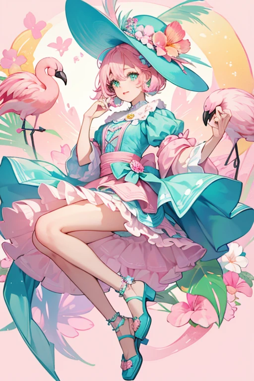 Fanci has light pink skin with pink eyebrows, green eyes, pink lips, and a grey nose. She has blue and pink feather makeup around her eyes. Her pink hair is tied back slightly and down to her hips. She has no animal ears or tail. Fanci wears a light blue bodice with a pattern of flamingo feathers and yellow and pink flowers in a watercolor style down the middle. Her skirt is removeable with a teal elastic band around the waist of the skirt. The skirt is white with pineapples, tropical pink flowers and leaves, and pink dots on it. The look is augmented with a white fur stole. Fanci's footwear consists of pink platforms with tropical leaves on the noses and flamingos at the top of the shoes. She wears a teal party hat with feathers and teal and pink flowers on the hat. SPARKLE; GLITTER