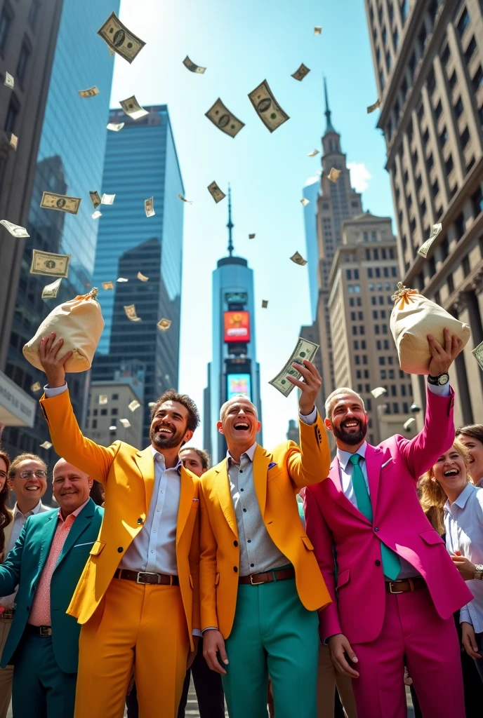 I want an image of a bunch of partners handing out bags of money with money flying everywhere