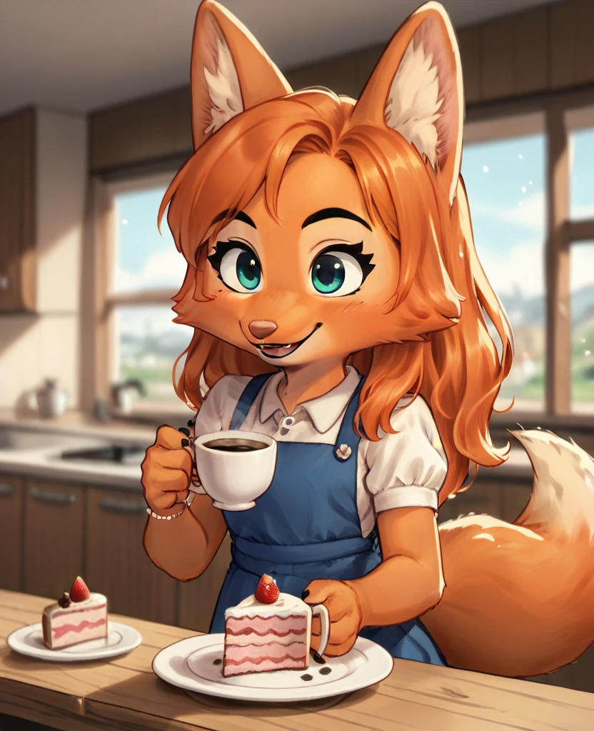 little fox, kid girl fox, little kid, ginger fur, long hair, ginger hair, blue eyes, dusty-pink nose, fox tail, fox ears, face similar of Diane Foxington, kid, cute, wearing a pink pijama, cute pijama, on the kitchen, siting on chair in front of a table, a plate with strawberry cake, holding a cup with coffee, chibi, alone, ginger hair, tied hair, smile, chibi, cute girl, alone