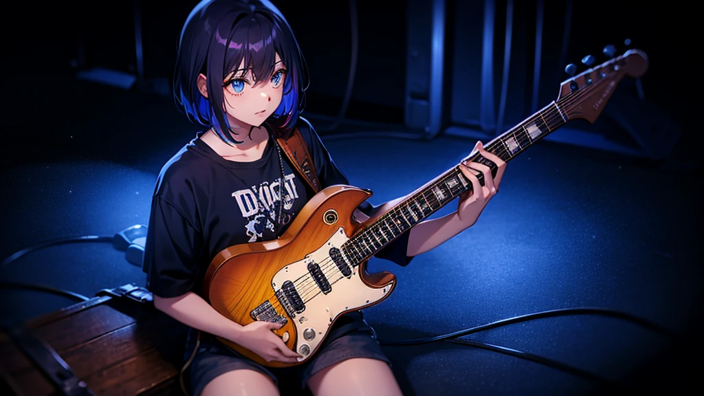 anime girl with blue hair sitting on the ground in front of a window, anime moe artstyle, short blue haired woman, seductive anime girl, the anime girl is crouching, rei hiroe, an anime girl, 2 d anime style, young anime girl, anime visual of a cute girl, full body portrait of a short!, attractive anime girl, in anime style, 1girl in、25-years old、large boob、I can see the lower breasts、full body Esbian、A dark-haired、hotpants、pantiy、Beach、A slight smil、1womanl、(Super beautiful)、(beauitful face:1.5)、(A detailed face:1.5)、(A detailed eye:1.1)、(Detailed lips:1.1)、(Detailed nose:1.1)、(plays the electric guitar:1.5)、(electric guitar:1.5)、(with spreading legs:1.2)、(Showing white panties:1.4)、(tshirts)、(Black miniskirt:1.5)、(light brown hair:1.1)、(on stage at a rock concert:1.3)、(At SFW:1.1)、1womanl、(Super beautiful)、(beauitful face:1.5)、Clear pubic contours、Squatting、Spread your legs、(white panties:1.4)、(high-school uniform)、(Dark blue pleated skirt)、(Wear black loafers)、(Sidewalk in Shibuya at night)、Neon sign、(At SFW:1.1)