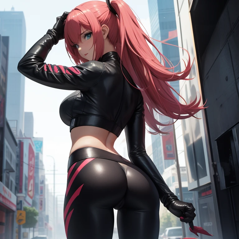 Video game character girl in leather leggings 