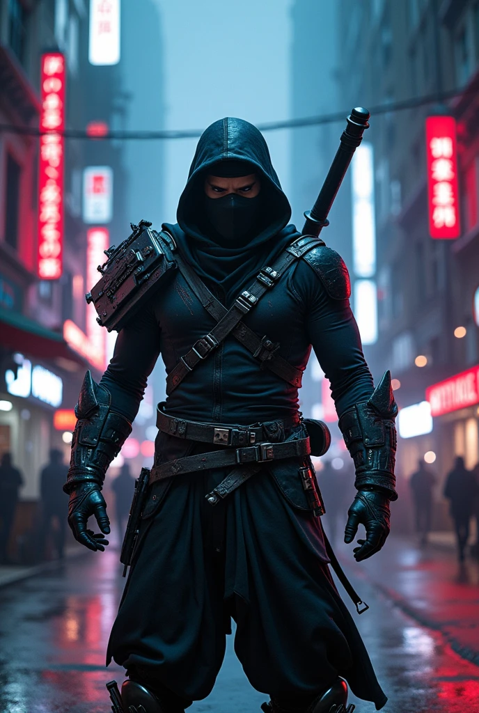 A fierce ninja warrior in a futuristic cyberpunk landscape, dramatic lighting, moody colors, intricate details, hyper-realistic, 8k, cinematic composition, dynamic pose, intricate cybernetic enhancements, neon lights, gritty urban environment, Stranger Things-esque atmosphere, dark and gritty, intense expression, masterpiece, ultra-detailed