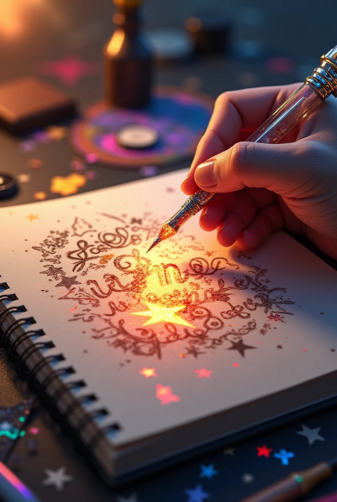A mesmerizing, hyper-realistic 16K 3D illustration captures a magical moment of pure creativity. A talented artist masterfully sketches a heartfelt message, "Gisela -- Jin -- RM -- Suga -- J-Hope -- Jimin -- V -- Jungkook. ", in a notebook. El texto está compuesto de Vibrantse, Sepia stars that smoothly transition across the spectrum.. The hand of the artist, holding a transparent pen filled with radiant stars, it's exquisitely detailed, symbolizing unlimited creativity and imagination. The background is a three-dimensional sketchbook with elements scattered throughout.., adding depth and dimension to this captivating, GAMEffiti-inspired scene. The illustration radiates energy, motion, and Vibrant colors, making it a true work of art that celebrates creativity and imagination.., GAME, cinematographic, Vibrant, GAMEffiti, chart, typoGAMEphy, product, illustration, Photo, 3d rendering, fashion, dark fantasy