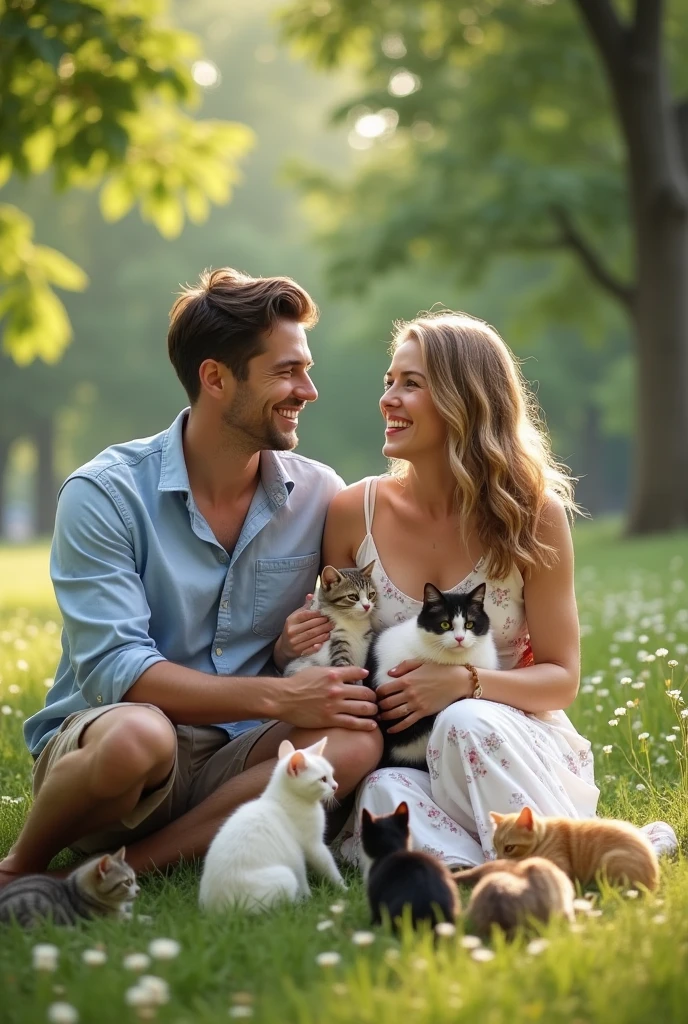 realistic man and woman sitting on the ground surrounded by a lot of cats
