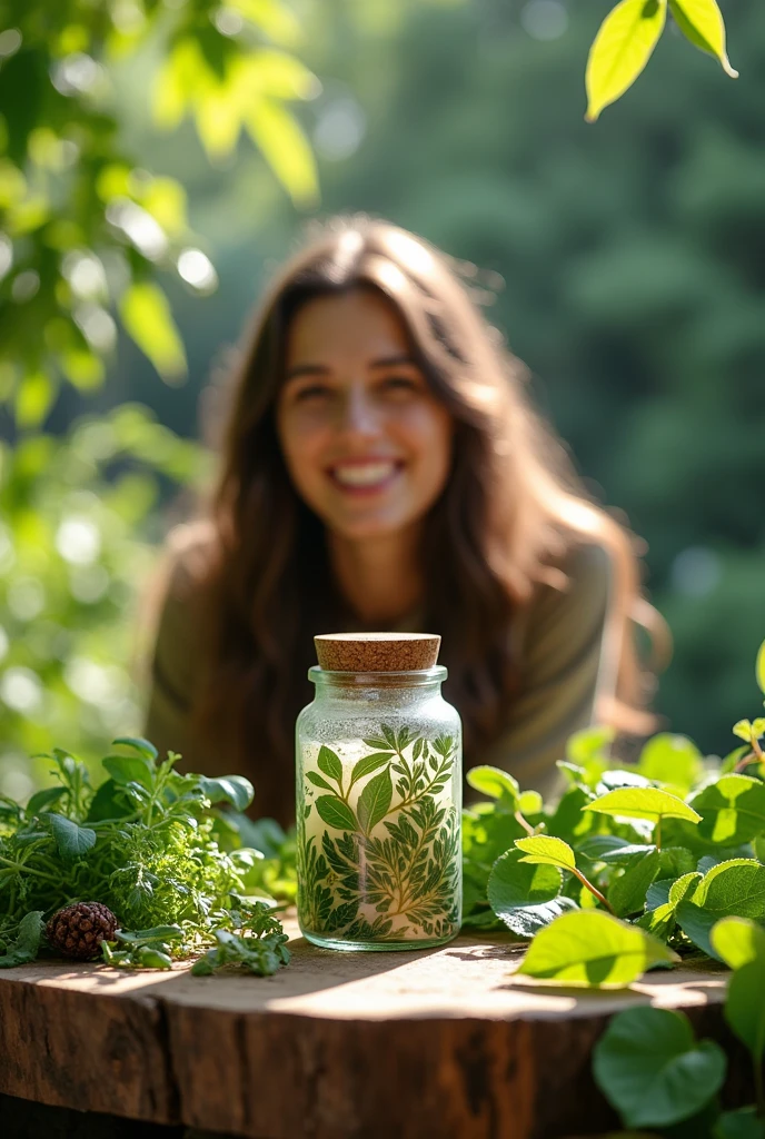 An organized and aesthetically pleasing image that shows a variety of medicinal plants arranged in an orderly manner on a natural surface (Like a wooden table or a stone). In the center of the image, highlights a jar of natural medicine (like a glass container or a box with a rustic-style label) which is clearly shown in the foreground. The jar should have a design that suggests it is made from these plants. The jar's label should include graphic elements that represent plants and nature, reinforcing the idea that the medicine comes directly from the plants shown in the image. Lighting should be soft and natural to emphasize the connection with nature. Additionally a person who is observing the medicine happy and healthy, that there is agreement in the image