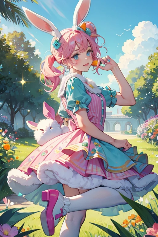 Fluffy Bunny is a yellow-skinned girl with blue eyes. She has a yellow bunny tail coming out from her back and has pink lips. She has aqua-colored hair pulled in a side ponytail with a garden hat. She wears a blue blouse with a pattern and a fur wrap around it and has a cream skirt with a flower and carrot print on it and dark pink shoes. Bunny ears that poke out of her head completes the look. SPARKLE; GLITTER