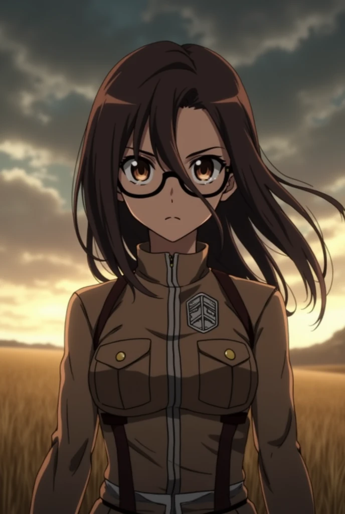 screenshot of Attack on Titan , brown hair girl, Brown skin, She has small black-framed glasses that highlight her eyes., side bangs,loose hair, Brown eyes, has a serious expression, He is wearing the Survey Corps uniform and in the background there is a field
