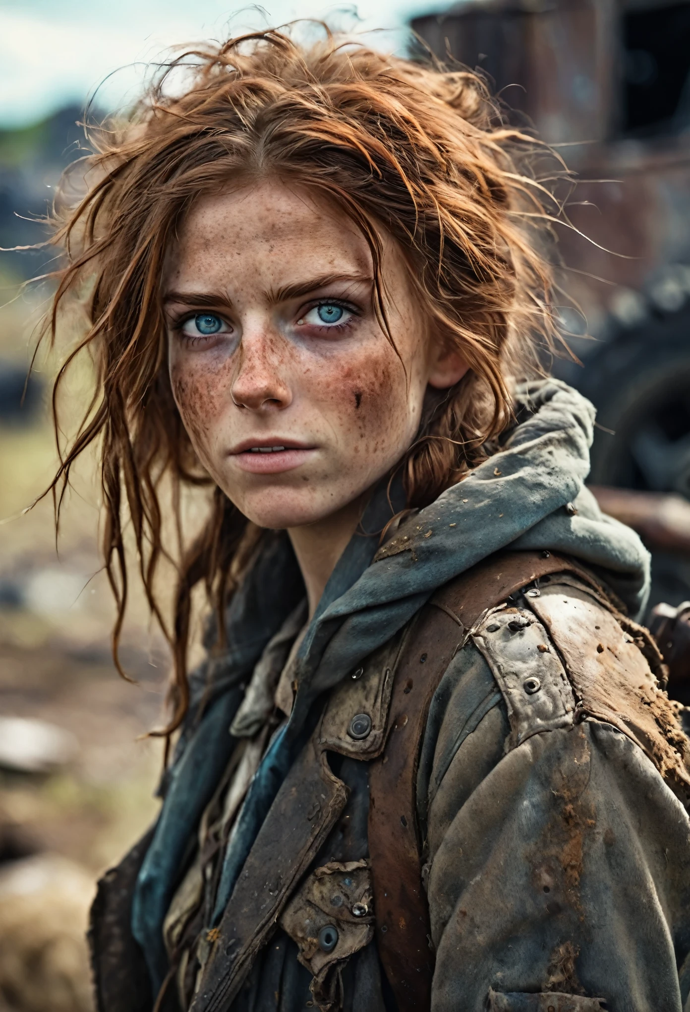 (Realistic:1.2), ultra detailed, modern analog style, photorealistic cute woman, chestnut hair, tattered outwear, post-apocalyptic, detailed face, beautiful eyes, (shy smile:0.7), freckles, holding a big staff, exhausted after another battle, dramatic, vibrant, sharp focus, looking directly to the camera, centered image, elegant, approaching perfection, hyper realystic, bokeh, cannon 6d, blured post-apocalyptic background 