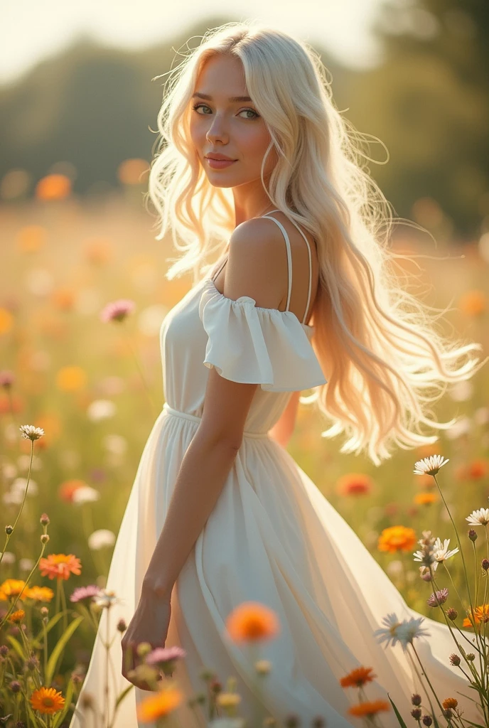 A young woman with long, pale blonde hair, bangs, wearing a white dress, with a sweet and pretty face.