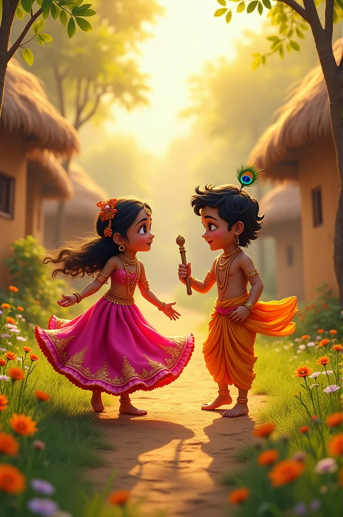 Little Radha krishna playing with friends in a beautiful village 