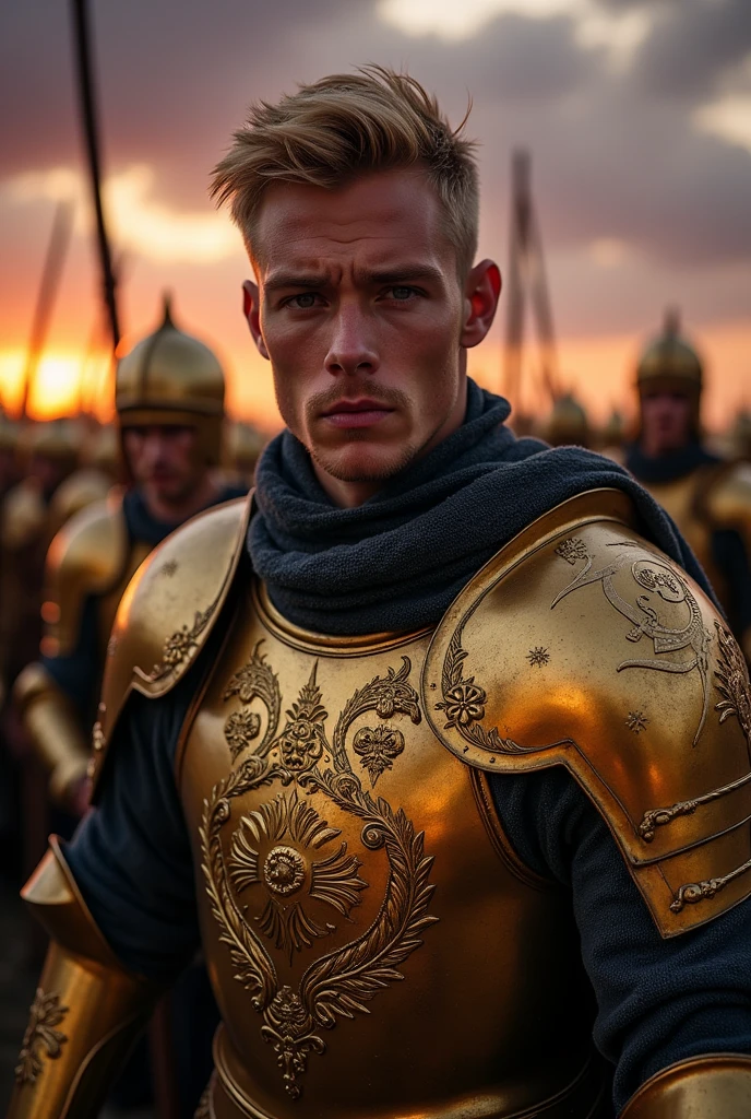 A handsome blonde man, wearing golden medieval armor leading a battalion of men with armor like his