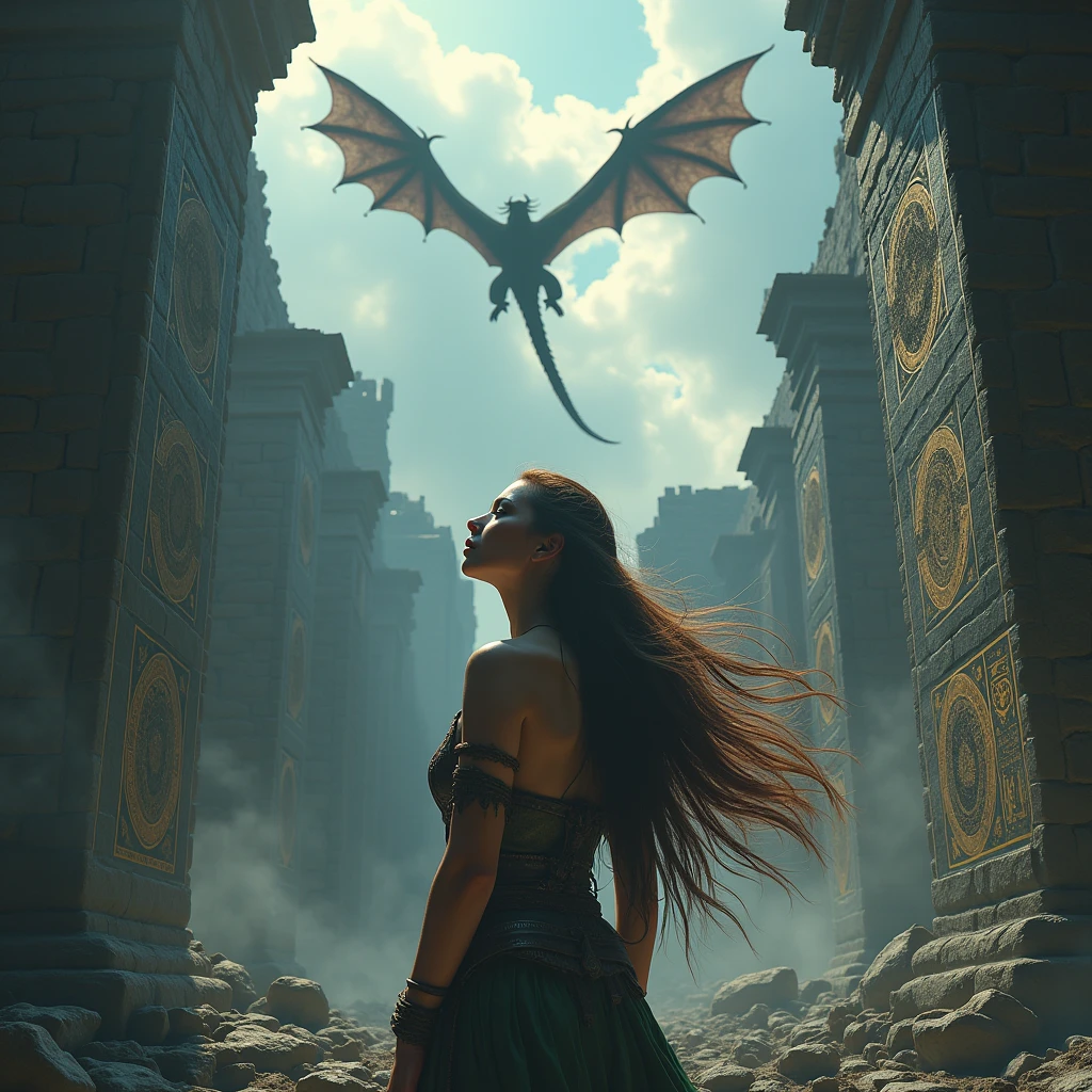 High resolution, High resolution, Ruin,Dragon,Hair blowing in the wind, tears, Correlation diagram, Cinematography, female
