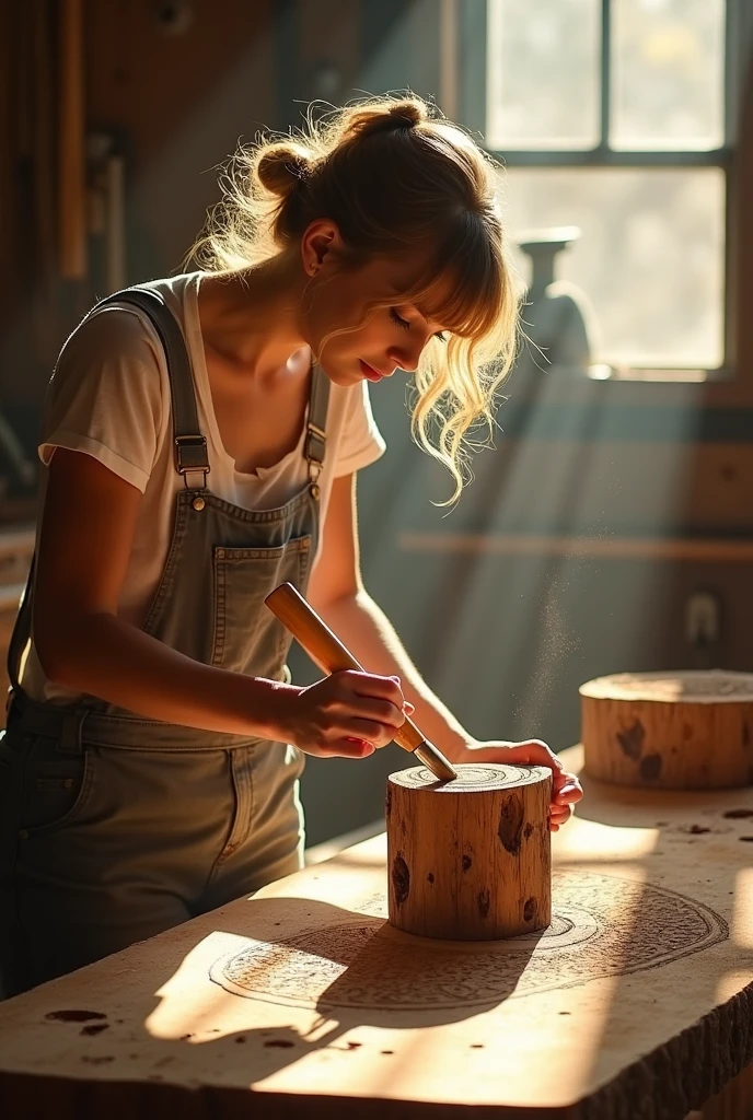 Taylor Swift, the singer, is working on carving a tree trunk in a woodworking workshop bathed in warm sunlight. One hand holds a wooden mallet, the other a carving tool. 