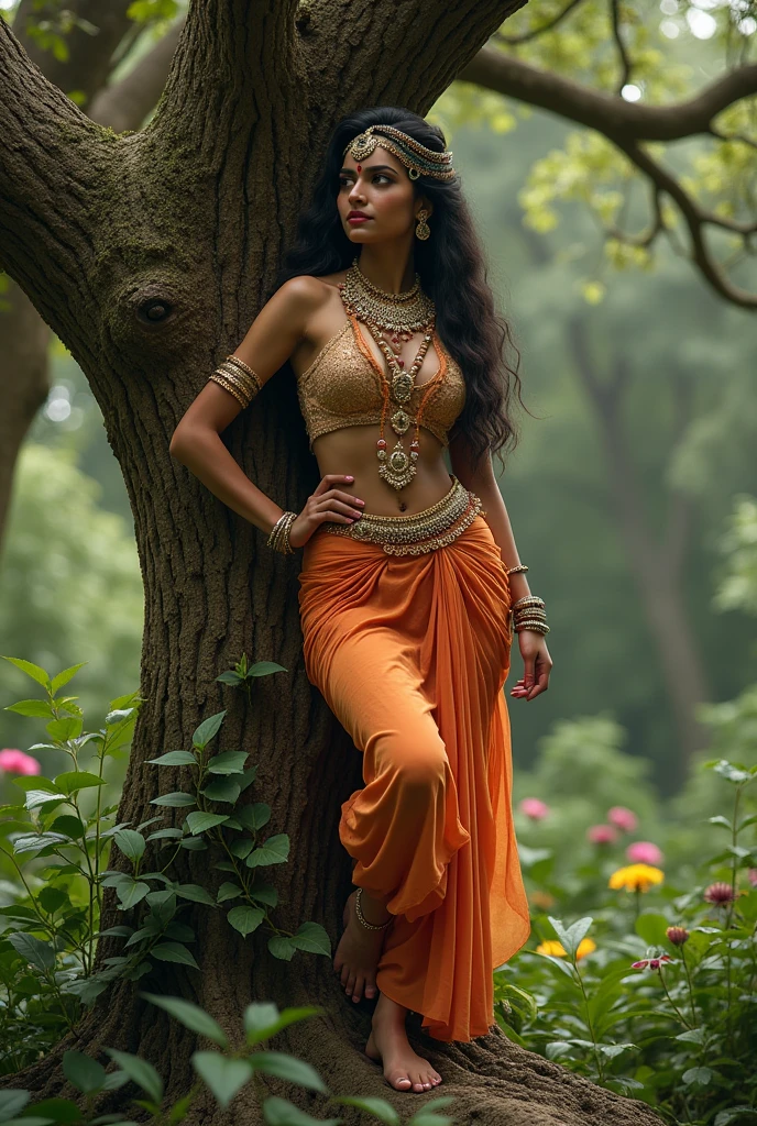 (photorealism:1.2), An Indian Goddess with Sal Tree, Salabhanjika Pose, A beautiful Yakshini in a traditional Salabhanjika pose, gracefully leaning against a Sal tree. One hand is elegantly placed on the tree branch, while the other rests on her hip. The Yakshini is depicted with flowing garments, intricate jewelry, and a serene expression. The tree is lush with detailed leaves and branches, symbolizing the ancient connection between nature and feminine divinity. The background includes a natural setting with dense greenery, enhancing the serene and mystical atmosphere.