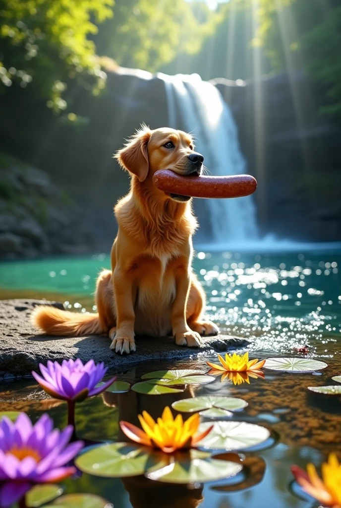 A dog eating a sausage with purple and yellow botolets at a waterfall 