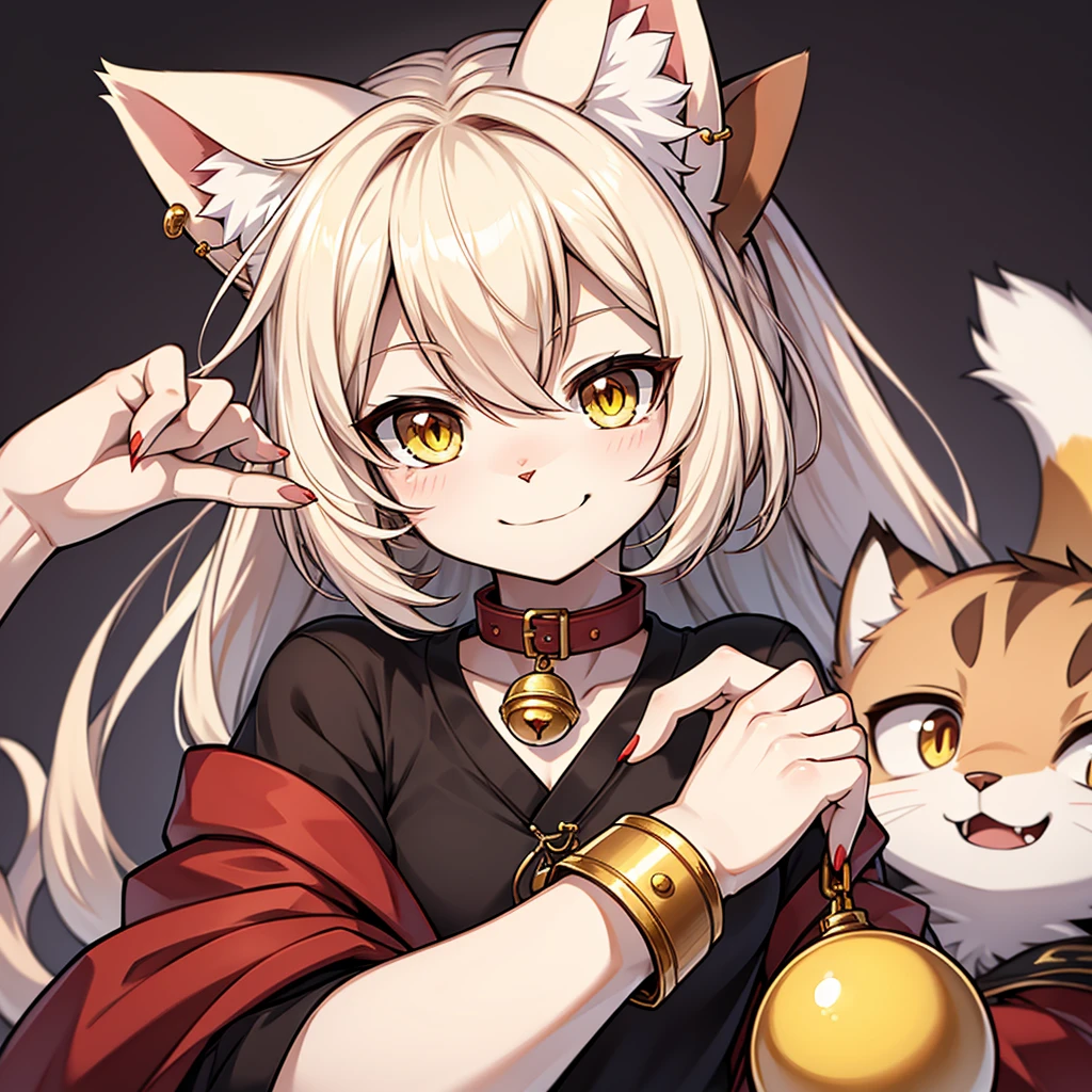 The image depicts an anime character with feline features (nekomimi). He has brown cat ears with white tips and piercing yellow eyes, with vertical pupils like a cat's. your hair is short, also brown, with a single white strand of hair standing out in the middle. The character has a confident and mischievous smile, with a touch of mischief.
There's a hand (belonging to someone else) caressing his face, with red painted nails, as he seems to be enjoying the gesture. The character wears a red collar with a golden bell, reinforcing the feline theme and giving off an air of submissiveness or playfulness. THE BACKGROUND IS SIMPLE, with a subtle pattern that keeps the focus on the character.
This character conveys a sense of confidence, mystery and a bit of teasing, perfectly capturing the essence of a feline character in an anime.