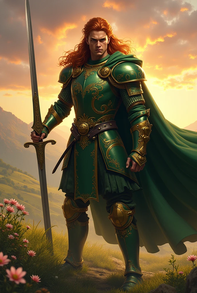 A marvelous man, stark, russet hair/ brown, fights with two swords, rico, Heir to Highgarden, wears green and gold armor, stark 