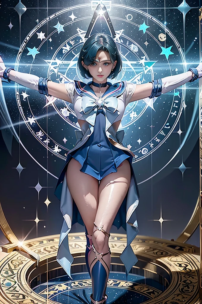 masterpiece,Highest quality, 超A high resolution, (Realistic), RAW Photos, Octane Rendering, ((Sailor Mercury, Being Crucified on the Cross)), ((Cross-shaped crucifix:1.5)), ((Magic emerges, Geometric decoration)), ((Large magic circle in the background, Complex magic circle)), ((Bound in a cross shape in the center of the magic circle)), Mature Woman, Plump face:1.1, sexly, Highest quality, Very detailed, Very accurate, One Woman, ((Sailor Mercuryのスーツを着て, Being Crucified)), (An elaborate Sailor Mercury costume), ((Blue sailor collar, Blue Ribbon, High leg cut, Mini pleated skirt in blue, Exposed thighs, Long gloves, Knee-high boots, Stiletto heels, choker)), ((Shiny Suit)), Bright blue hair:1.3, Short Bob Hair, Big eyes:1.2, Droopy eyes:1.1, Blue eyes:1.2, eye make up:1.1, Large Breasts:1.1, Detailed eyes:1.4, Looking at the viewer:1.2, whole body, Black space, Screaming、