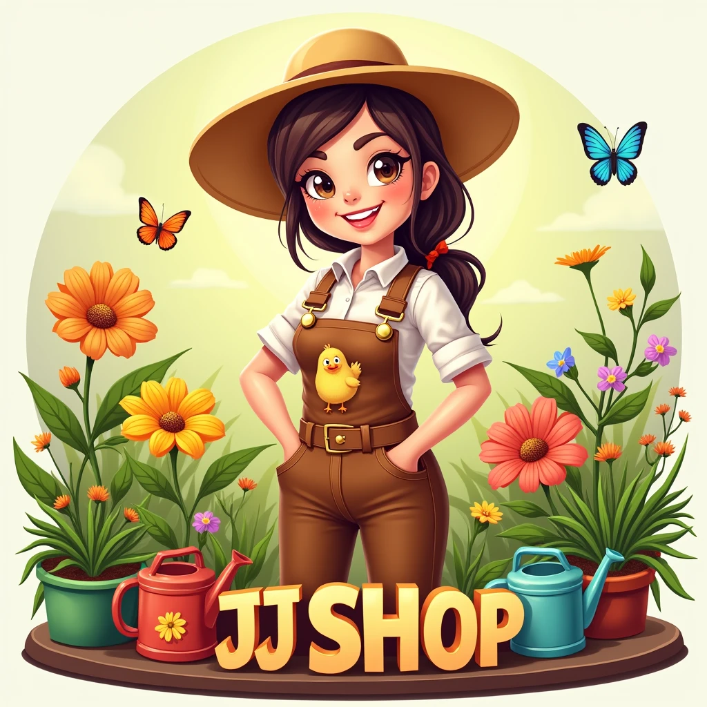 Create a mascot logo using a female gardener mascot wearing a brown and white overalls with a chicken pattern and the words “JJ SHOP” below.
