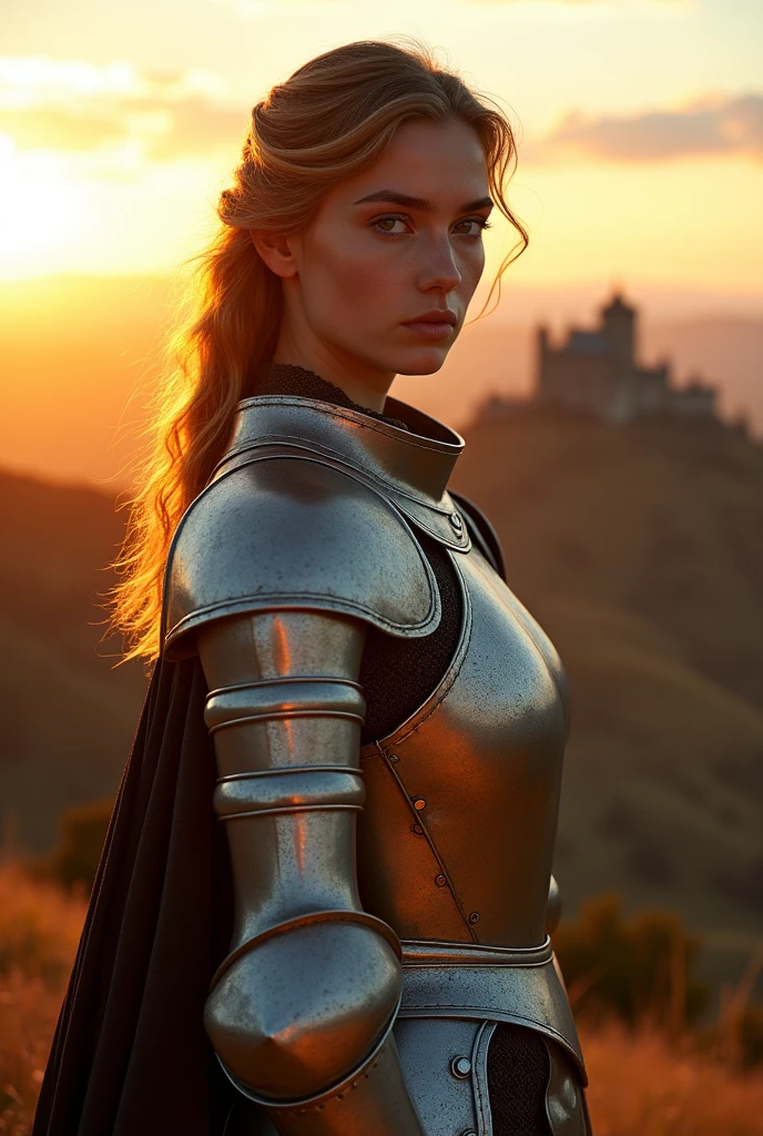 (masterpiece), (extremely complex:1.3), (realistic), portrait of a girl, the most beautiful in the world, (medieval armor), metallic reflections, upper body, on open air, intense sunlight, distant castle, professional photo of a stunning woman in detail, Sharp Focus, dramatic, award-winning, cinematic lighting, octane rating of an unreal engine rendering, dtx volumetrics, (granularity, blurred background, blurred foreground, hips, depth of field, sunset, Blur:1.3), chain mail