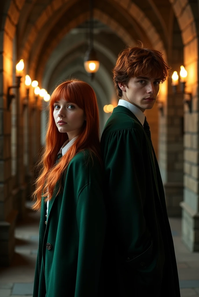 A young woman with red hair, long and straight with a thin fringe, and brown eyes, junto de regulus black, both in Slytherin uniform in the Hogwarts corridors 