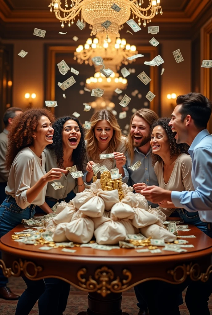 I want a picture of a bunch of partners at a table sharing bags of money with money flying everywhere