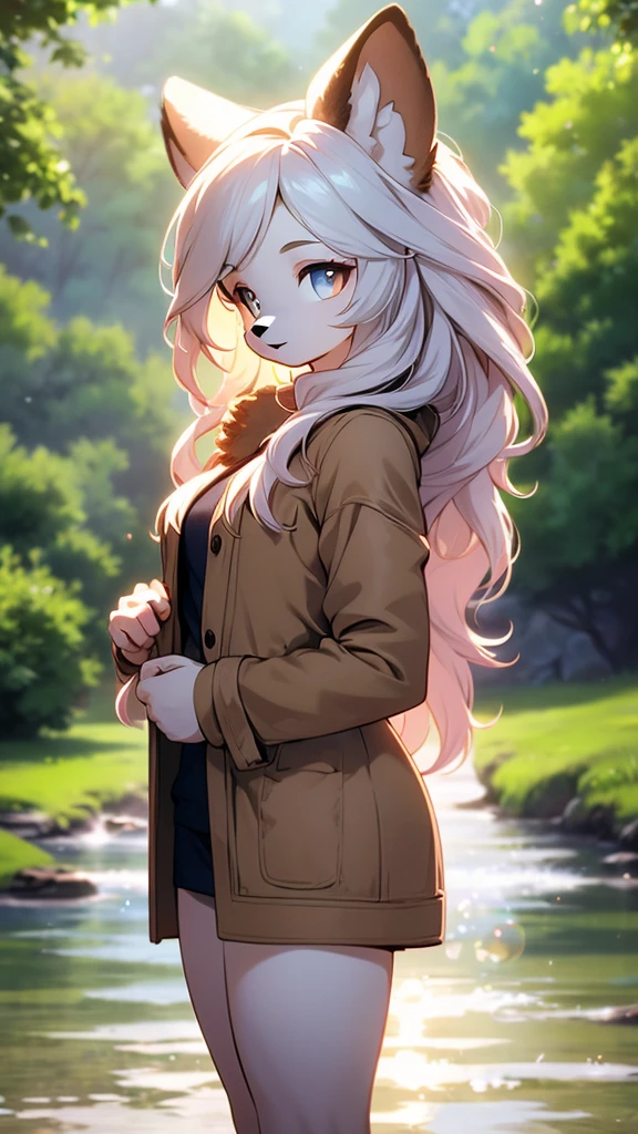 a beautiful sexy adult female otter mädchen with long light hair, golden eyes, a furry brown coat, wearing a light airy outfit, standing by a river under the sun, (best quality,4k,8k,highres,masterpiece:1.2),ultra-detailed,(realistic,photorealistic,photo-realistic:1.37),highly detailed face and eyes,detailed skin texture,detailed clothing folds,natural lighting,cinematic composition,vibrant colors,warm color palette