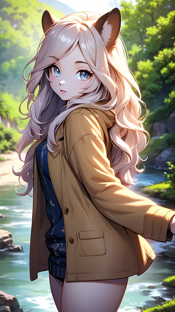a beautiful sexy adult female otter mädchen with long light hair, golden eyes, a furry brown coat, wearing a light airy outfit, standing by a river under the sun, (best quality,4k,8k,highres,masterpiece:1.2),ultra-detailed,(realistic,photorealistic,photo-realistic:1.37),highly detailed face and eyes,detailed skin texture,detailed clothing folds,natural lighting,cinematic composition,vibrant colors,warm color palette