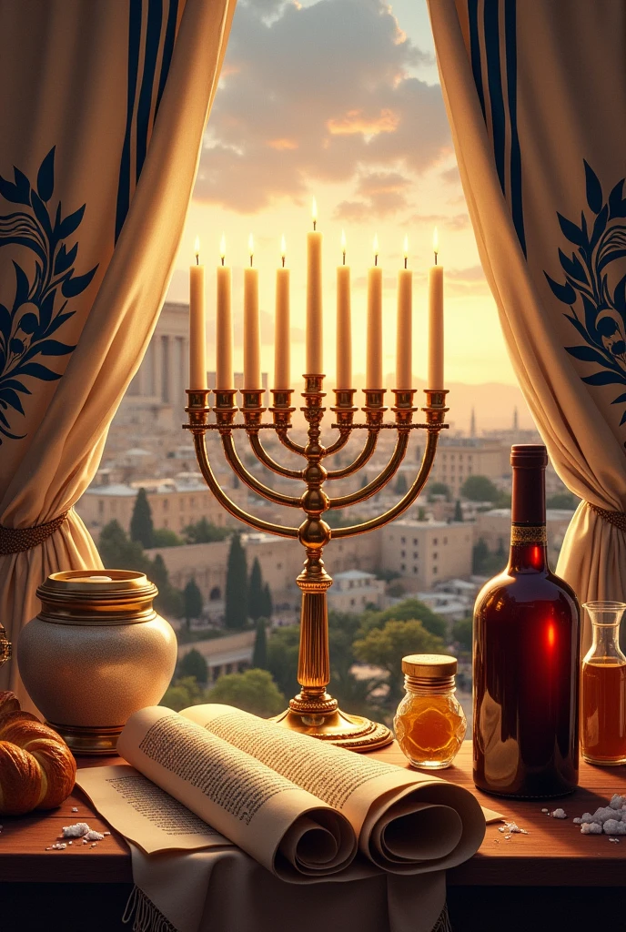 Create a horizontal artwork that has a 7-branched menorah, A Torah scroll, a braided bread, a bottle of wine, a talif, in the background, the Kotel should be visible, a jar of salt and honey  and the insignia flower of Israel with the Magen David 
