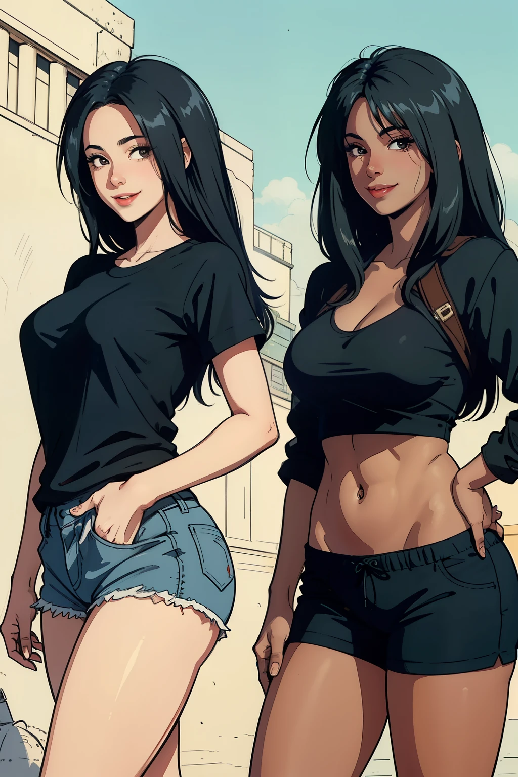 A mother hot latino girl, darker colered skin (spanish) colered skin, with big assets, wearing a black shirt and shorts, and long black hair, smiling