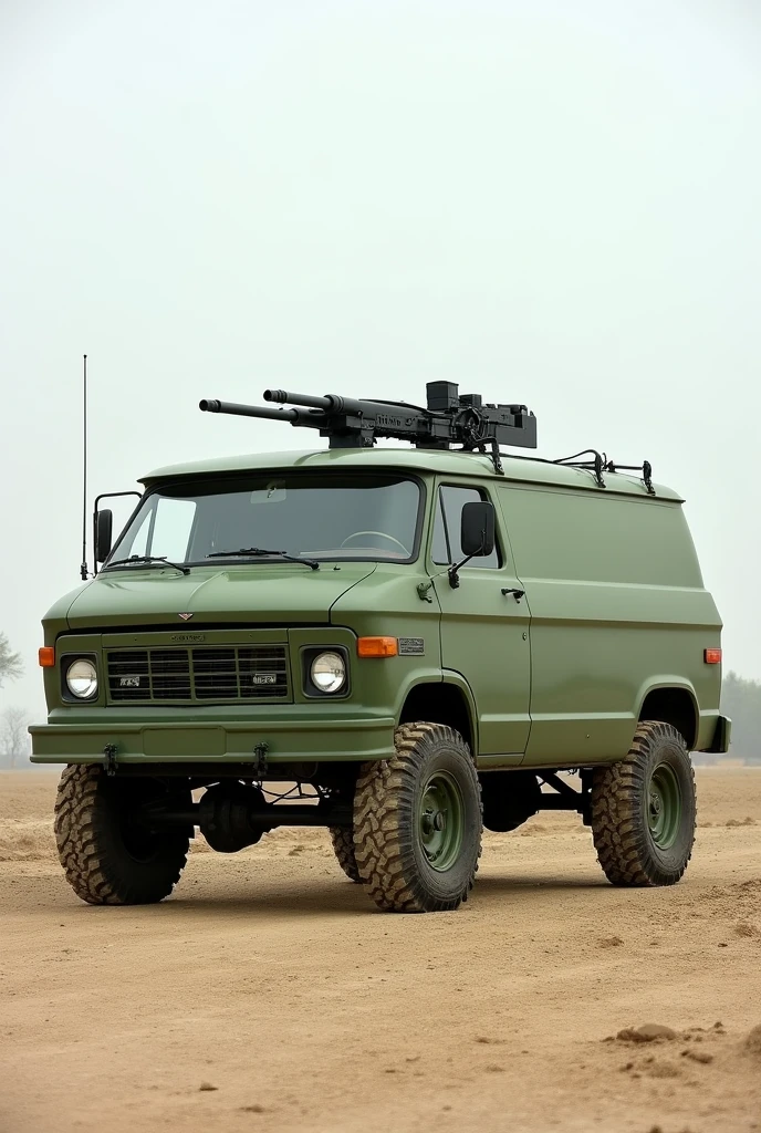 Small closed van-type utility vehicle from the 1970s , van body, advanced cabin, straight ahead, military army paint simple lines on the front without a front grille, rear engine,  steel wheels without hubcaps in body color, No doors, simplest version without chrome, square headlights bolted to the front sheet metal, parked on a base, with a hatch in the roof and a machine gun mounted on the roof. 
