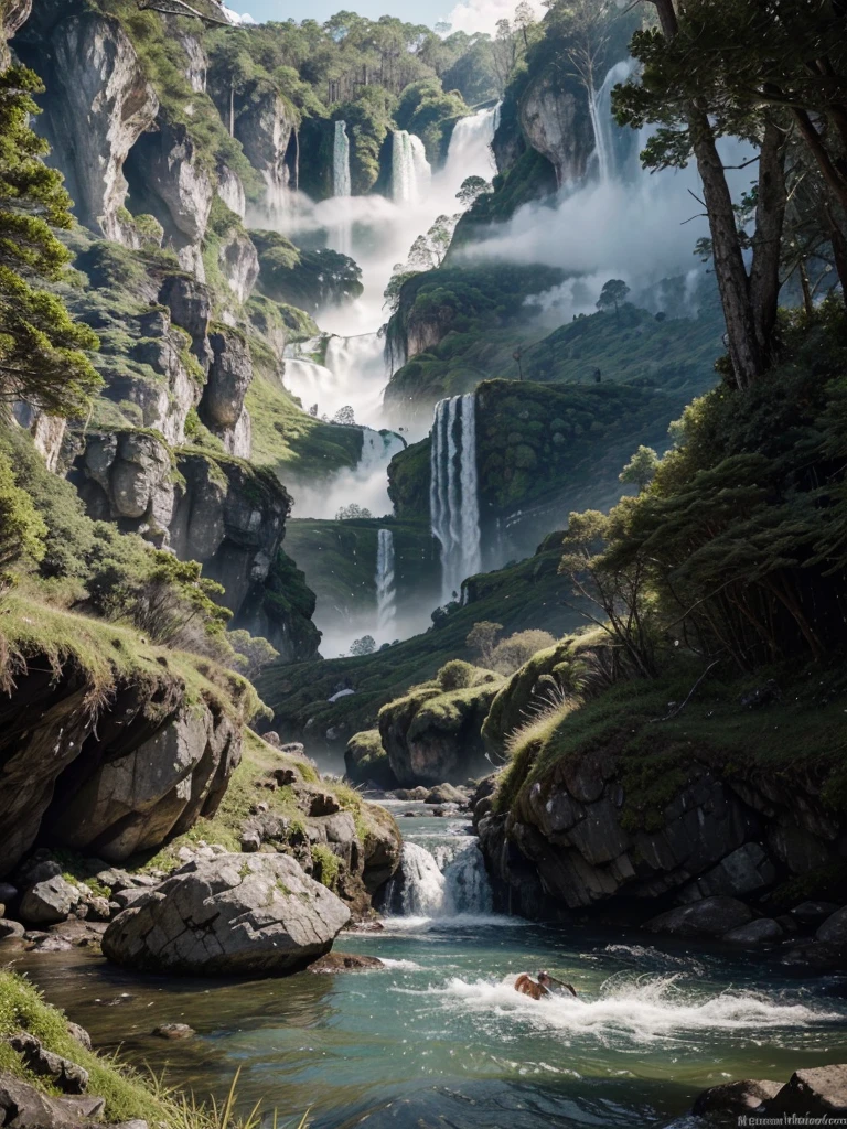 A surreal, dreamlike landscape where a giant anatomical correct hand rises from the ground. The hand is detailed with lush grass and miniature trees on the surface. A crystal-clear river flows through the palm, cascading down in a waterfall at the edge of the hand. A small boat floats on the river below. Misty horizon. Amazingly detailed, colossal scale, ultra-realistic, photorealistic details, hyper-detailed, natural lighting, cinematic quality, sharp focus, real-world textures, high dynamic range