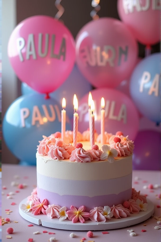 A birthday cake for my daughter with the name PAULA ANDREA PADILLA realistic and balloons with the name PAULA 