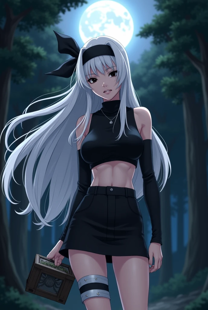 female character in the Naruto universe with long white hair, super seductive and beautiful, powerful with an 18-year-old face, without a clan and holding a Pandora's box wearing short, black clothes with an evil face, black eyes, and without the bandana 