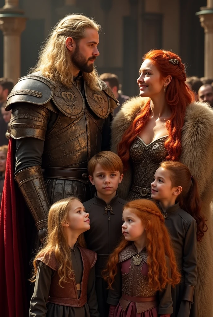 medieval era, a 40 year old redhead woman with her children.
She wears a black crown on her head and a gray dress with a white wolf fur on her shoulders. The two daughters are two beautiful red-haired young women, wearing light blue dresses. The son has short black hair and blue eyes, wearing a knight's armor