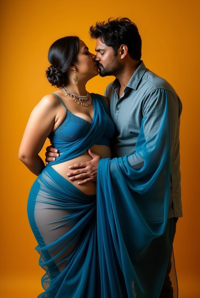 indian aunty in blue net saree with a nice clevage and busty with chubby abs and big ass showing legs with a full studio light with an indian uncle with big ass romancing and kising aunty on her navel