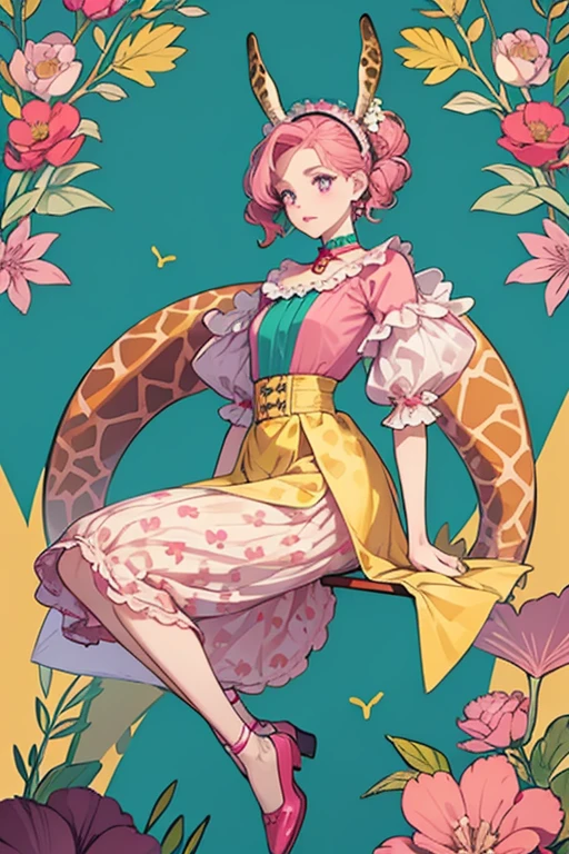 Gillian has pastel yellow skin with giraffe spots on her forehead. She has a red painted nose, red eyebrows, pink lips, and purple eyes. She has red hair that flows around her giraffe ears and down to her hips. She has a giraffe tail. She wears a yellow molded-on bodice with a collar of a teal, black, pink, and yellow pattern. Her pink skirt is removable with a black elastic band at the waste with a faint giraffe pattern in the back with teal, purple, pink, yellow, and red flowers and tree leaves. The trim is scalloped. Gillian's footwear consists of teal shoes with circles on them. She has a red-pink headband with a yellow geometric pattern and teal, yellow, and red flowers on the side of the headband. SPARKLE; GLITTER