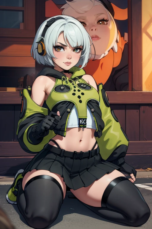 Anby style, 8k, hdr, ureal engine, ultra quality, sitting, anbydemara, anby demara, (orange eyes:1.5), short hair, white hair,
BREAK bare shoulders, black gloves, black skirt, black thighhighs, fingerless gloves, gloves, green jacket, headphones, jacket, navel, skirt, stomach, thighhighs,golden earrings, cute, full body