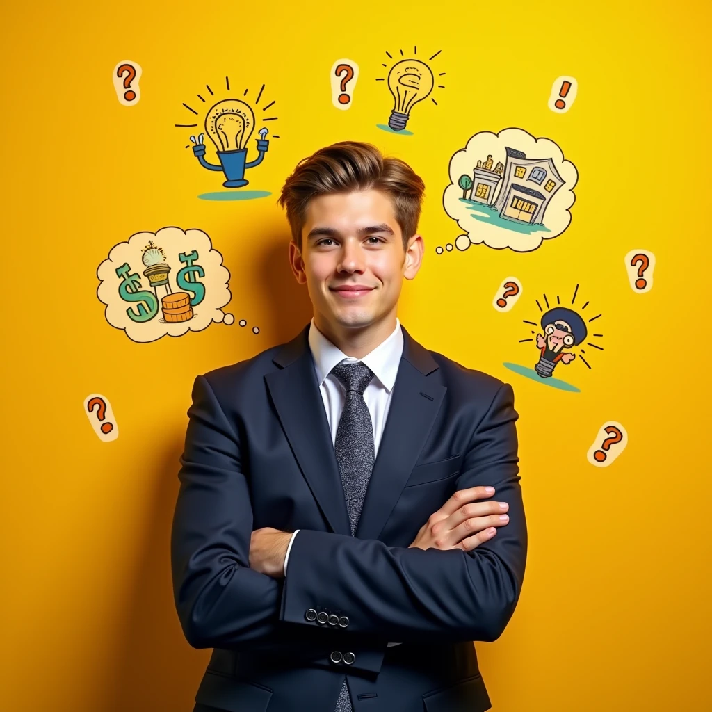 A well-dressed, youthful-looking adult, preferably with elegant clothes that show your pleasant and friendly personality, in a way that captures the person's attention and makes them get involved from the image, around this person, put a background in the color of your choice and around it some images related to the topic of finance, general knowledge, curiosities and with humor, do that same look up as if you were thinking about something you are going to do, and put doubt symbols