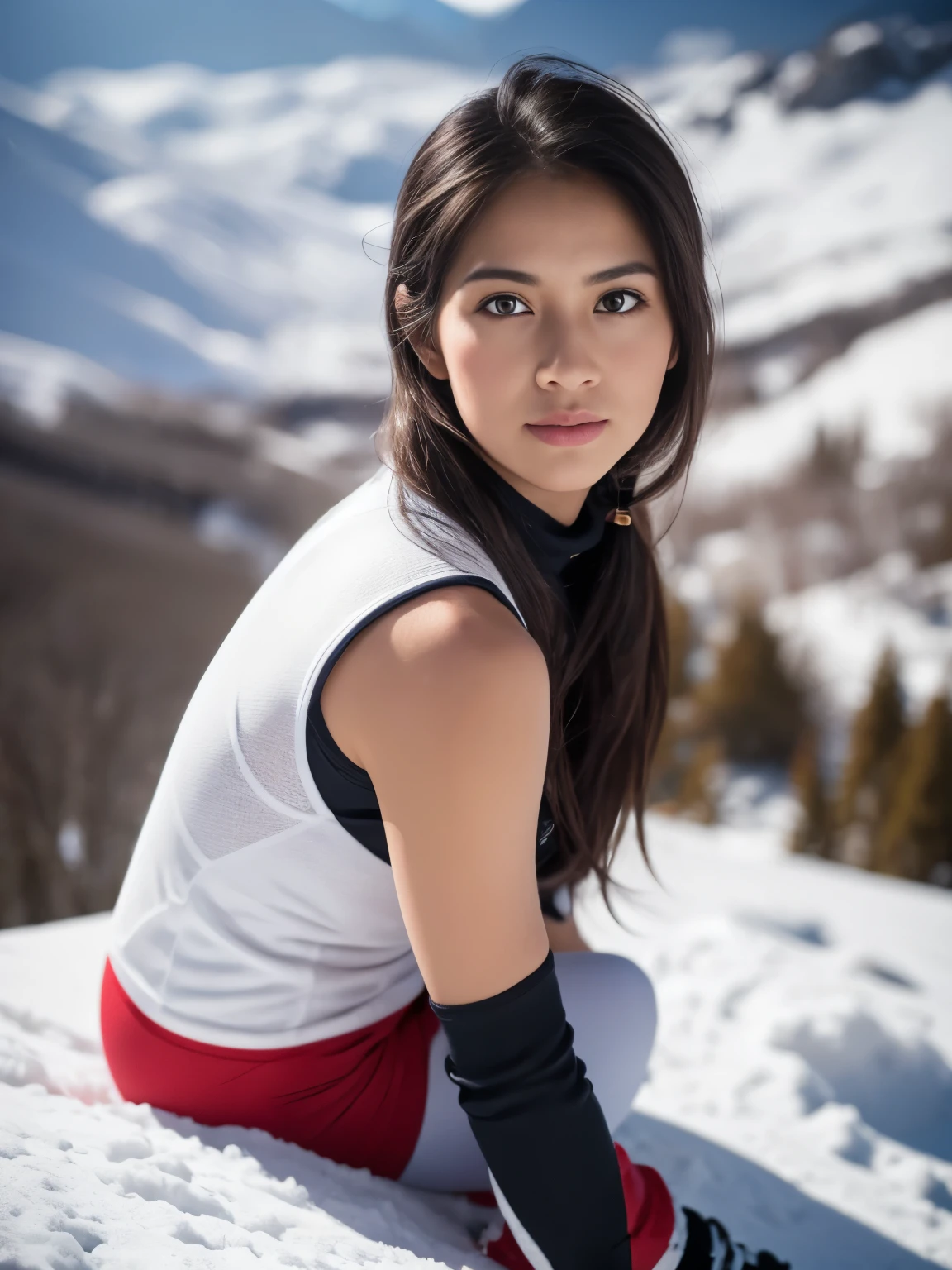 ((NSFW)), 8k, raw photo, Best quality, 超high resolution, photoRealistic, wearing ski outfit, red boots, in snowy mountain landscape, Beautiful, detailed face, detailed, high resolution, Realistic, photoRealistic , ((full body)), head to toe, legs, Dark skin, pores, wrinkletremely detailed CG unity 8k wallpaper), full body, body head to toe; photo of the most Beautiful artwork in the world, majestic professional (photographed:Steve McCurry), 8k uhd, DSLR, soft lighting, High quality, film grain, Fujifilm XT3 sharp focus, f5.6, high details, sharpness, Spectacular, (looking at viewer:1.2), (Natural light),