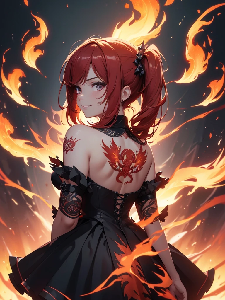 (((best quality, sharp image, clear image, cinematic lighting, 8k resolution, masterpiece, ultra detailed, intricate))) Girl, (((looking over left shoulder))), (shot from behind), ((shot from hip up)), fiery red hair, pigtails, ((intricate black dress)), ((flaming sigils, flaming runes)), spiky rock formations, (flaming lotus flowers frame), (intricate background), (chaotic background), ((Phoenix)), (swirling flames), smiling,tatoo on back