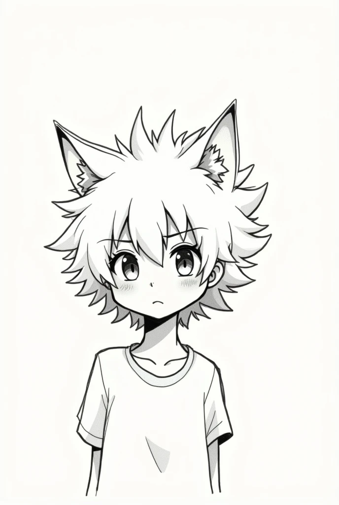 super simple uncolored paper sketch of a with a white fluffy mullet and white cat ears