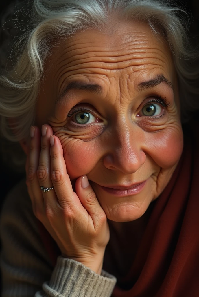 a 's hands, tenderly caressing their elderly grandmother's face, beautiful detailed eyes, beautiful detailed lips, extremely detailed eyes and face, long eyelashes, wrinkled skin, elderly woman, warm lighting, soft focus, cinematic, emotional, intimate, portrait, digital painting, vibrant colors, high contrast, dramatic lighting, chiaroscuro, renaissance style