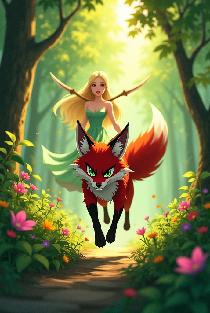 A handsome fox-like anime character escaping from a blonde princess with a machete