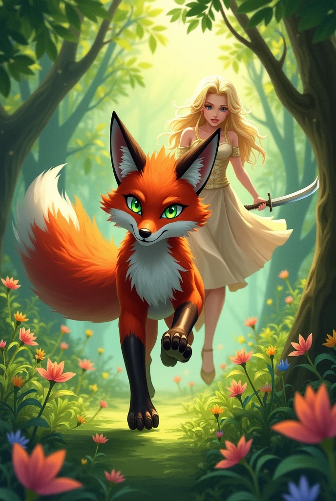 A handsome fox-like anime character escaping from a blonde princess with a machete