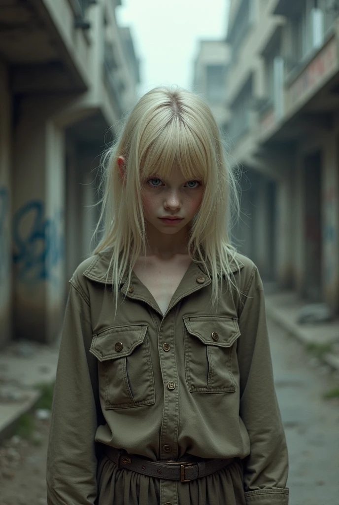 (Optical Realism:1.2), The pale blonde girl didn't smile, her pale eyes hidden behind bangs. She wore dirty clothes.