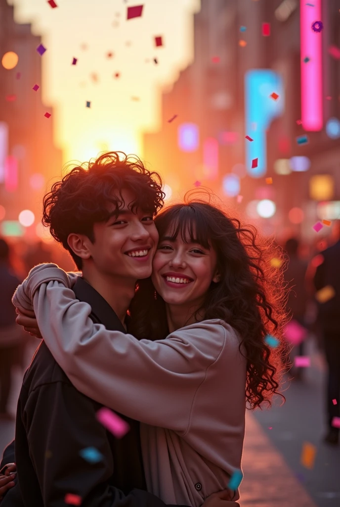 A girl with curly hair hugging a member of BTS
