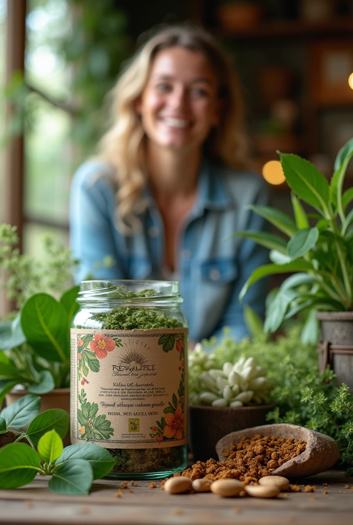 A cover image for Facebook (820 x 312 pixels) showing a variety of medicinal plants arranged in an orderly manner on a natural surface, Like a wooden table or a stone. In the center of the image, highlights a jar of natural medicine, like a glass container or a box with a rustic-style label, which must be clearly visible in the foreground. The jar's label should include graphic elements that represent plants and nature, reinforcing the idea that the medicine comes directly from the plants shown in the image. Lighting should be soft and natural to emphasize the connection with nature. Make sure the design fits well within the dimensions of the Facebook cover, with a focus on the central area to ensure the main content is visible and not cropped. Additionally a person who is observing the medicine happy and healthy, that there is agreement in the image