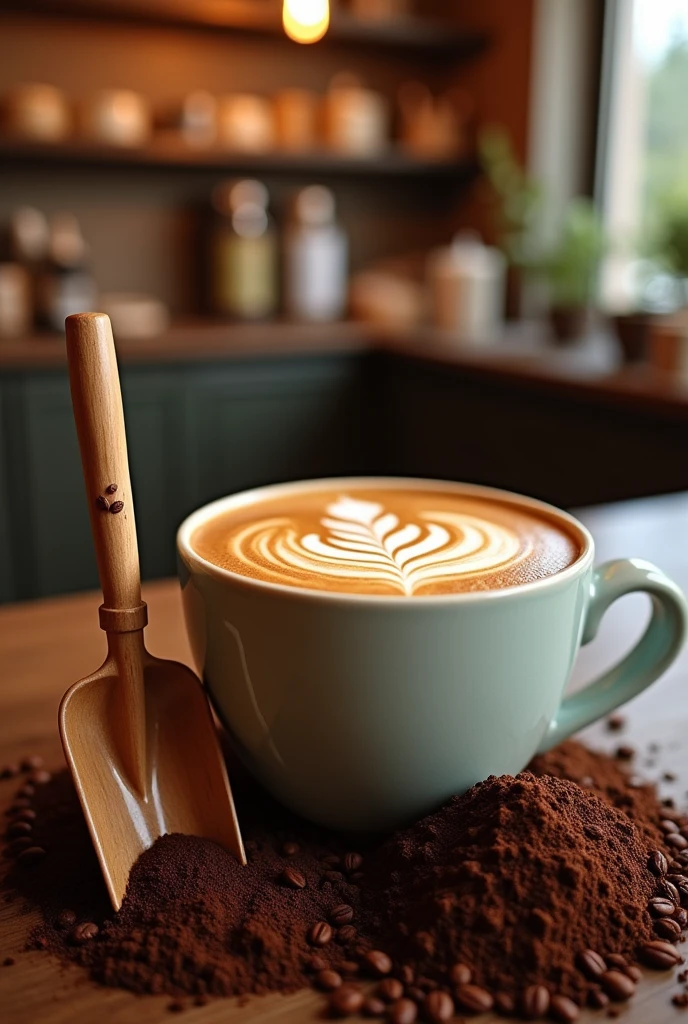 Create an image with a coffee cup shovel and foam related to the theme of coffee