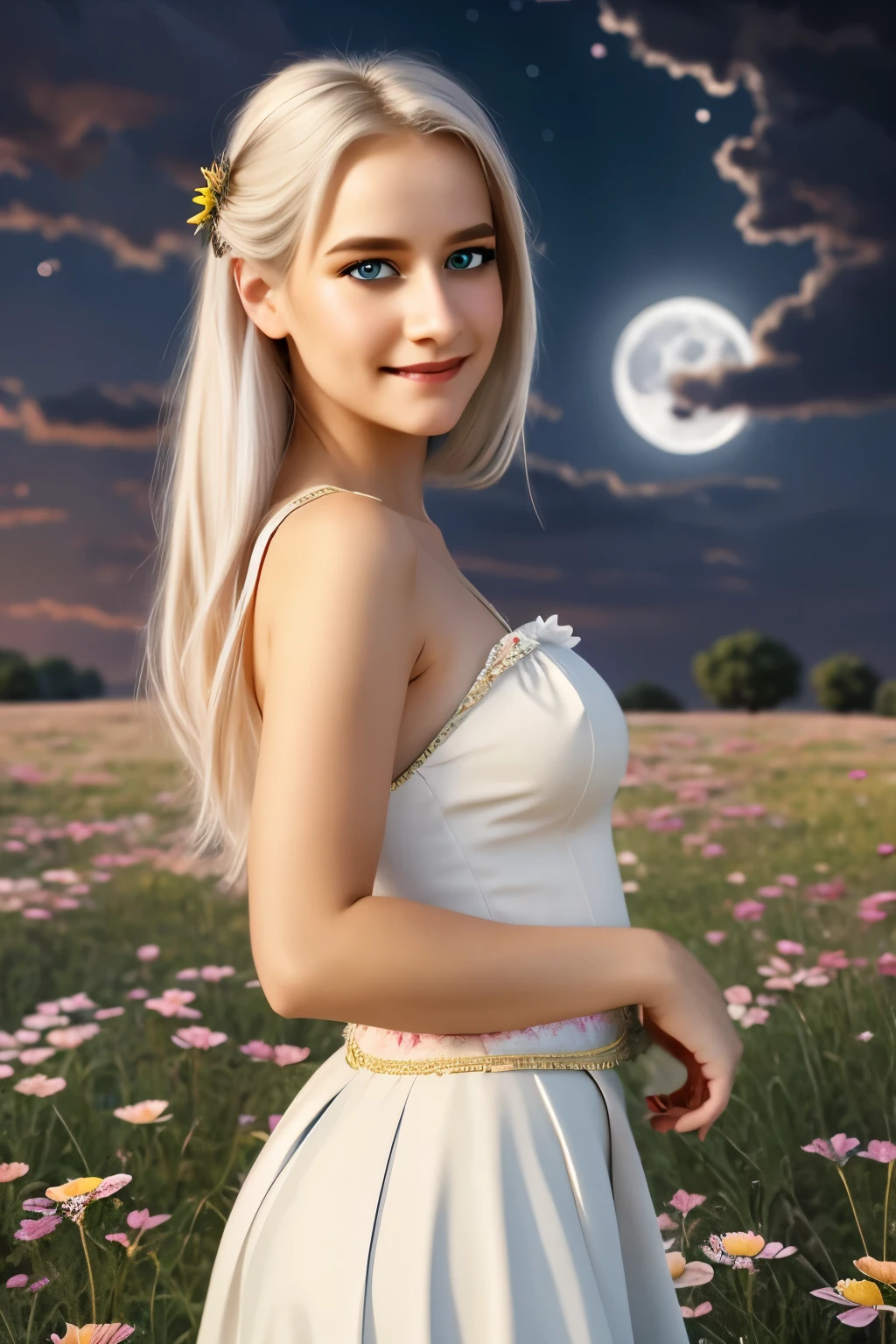 masterpiece, best quality, 1girl, (colorful),(finely detailed beautiful eyes and detailed face),cinematic lighting,bust shot,extremely detailed CG unity 8k wallpaper,white hair,solo,smile,intricate skirt,((flying petal)),(Flowery meadow) sky, cloudy_sky, building, moonlight, moon, night, (dark theme:1.3), light, fantasy,